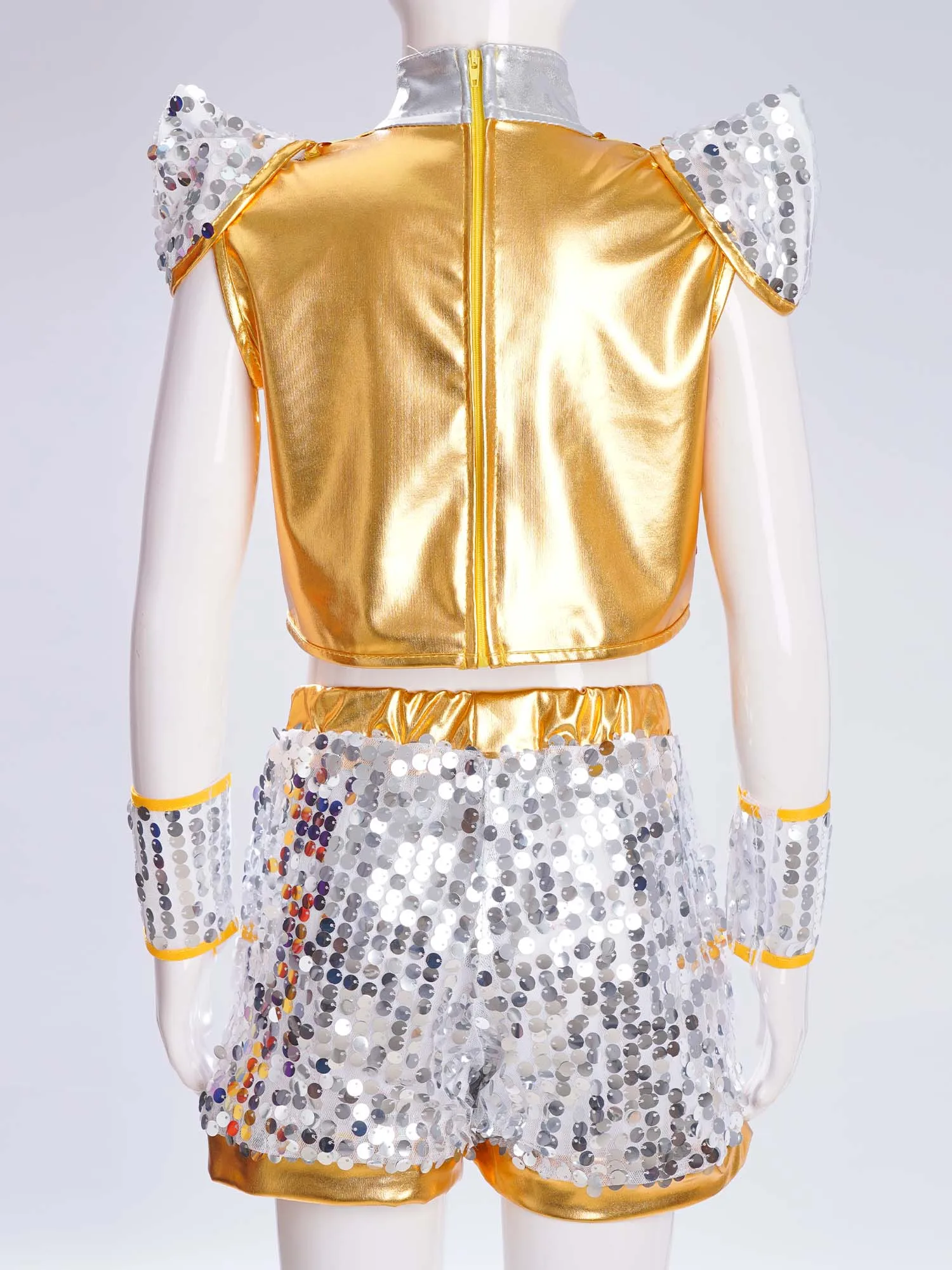 Boys Shiny Sequin Jazz Dance Outfit Children Cheerleading Outfit Performance Cosplay Fashion Costume Kid Cap Sleeve Crop Top Set