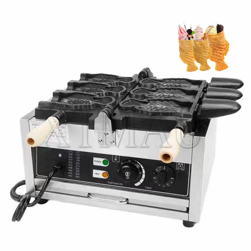 Máquina comercial de gofres de pescado de boca abierta, gofrera Taiyaki en forma de pez, revestimiento antiadherente, plancha para muffins de aperitivos de acero inoxidable
