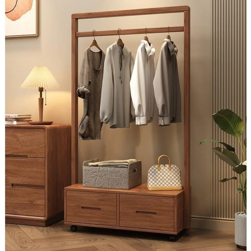 Walnut hanger, floor hanger, household bedroom mobile drawer, solid wood clothes storage simple coat rack