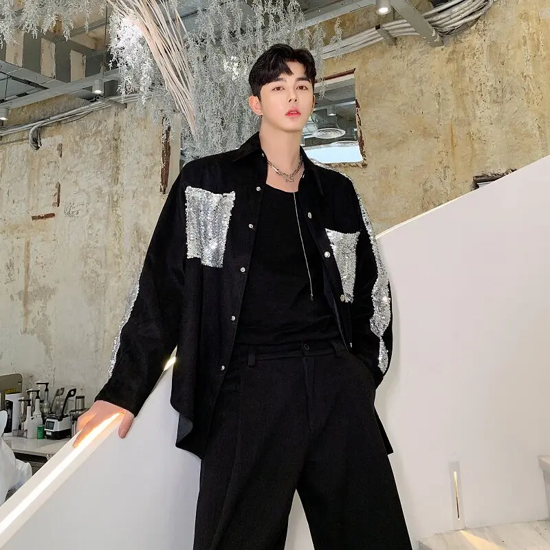 Black Catwalk Shirt Men Glitter Spliced Design Men's Suede Shirts Long Sleeve Fashion Singer/Dancer Stage Performance Costume