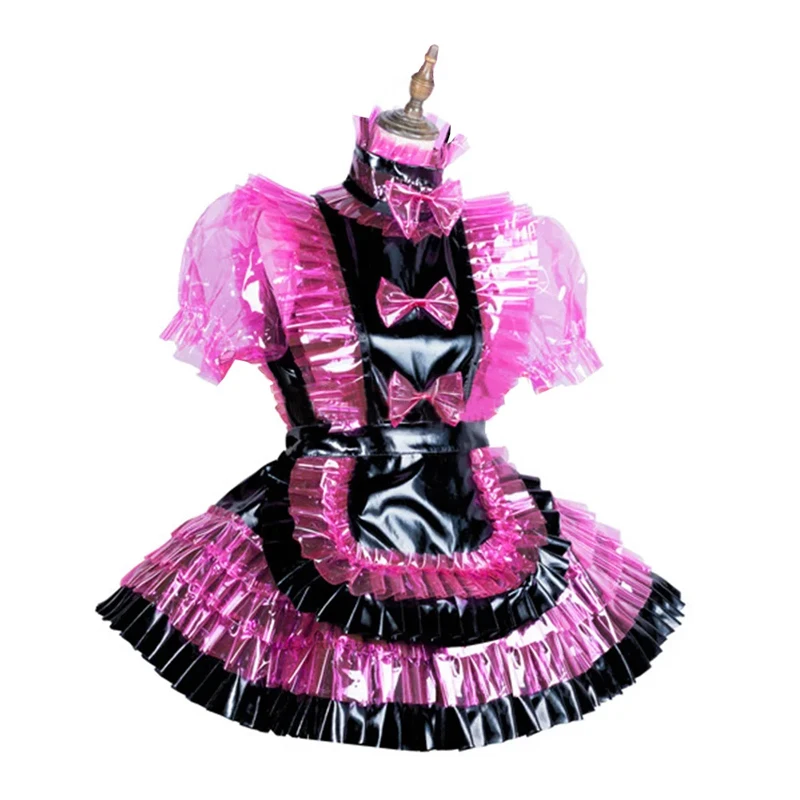 Men Sexy PVC Plastic Lolita Dress Women Bow Ruffle Puff Short Sleeve With Apron Lockable Sissy Maid Cross dressing Cosplay party