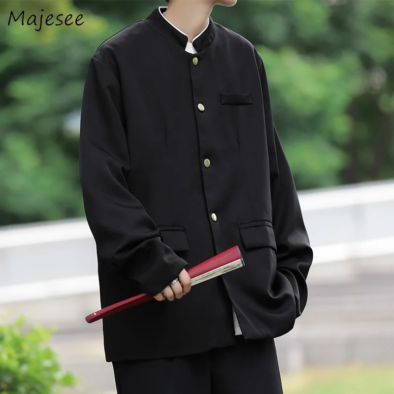 

Casual Blazers Men Black Chinese Style Minimalist Stand Collar All-match Streetwear Preppy Handsome Autumn Spring Temper Vintage