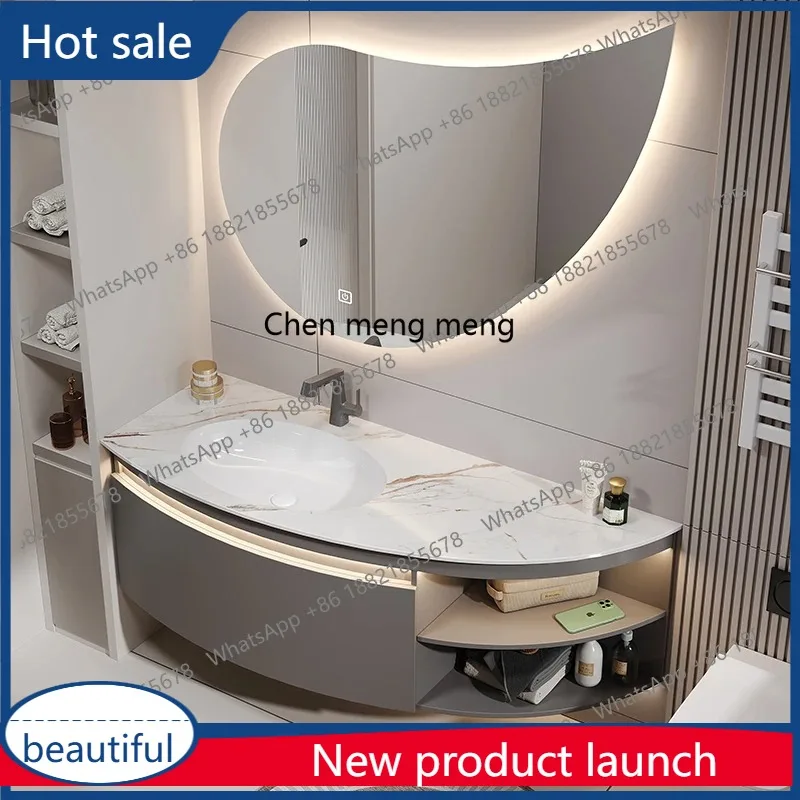 

A17 Rock slab seamless ceramic integrated basin bathroom cabinet combination circular arc sink washbasin cabinet