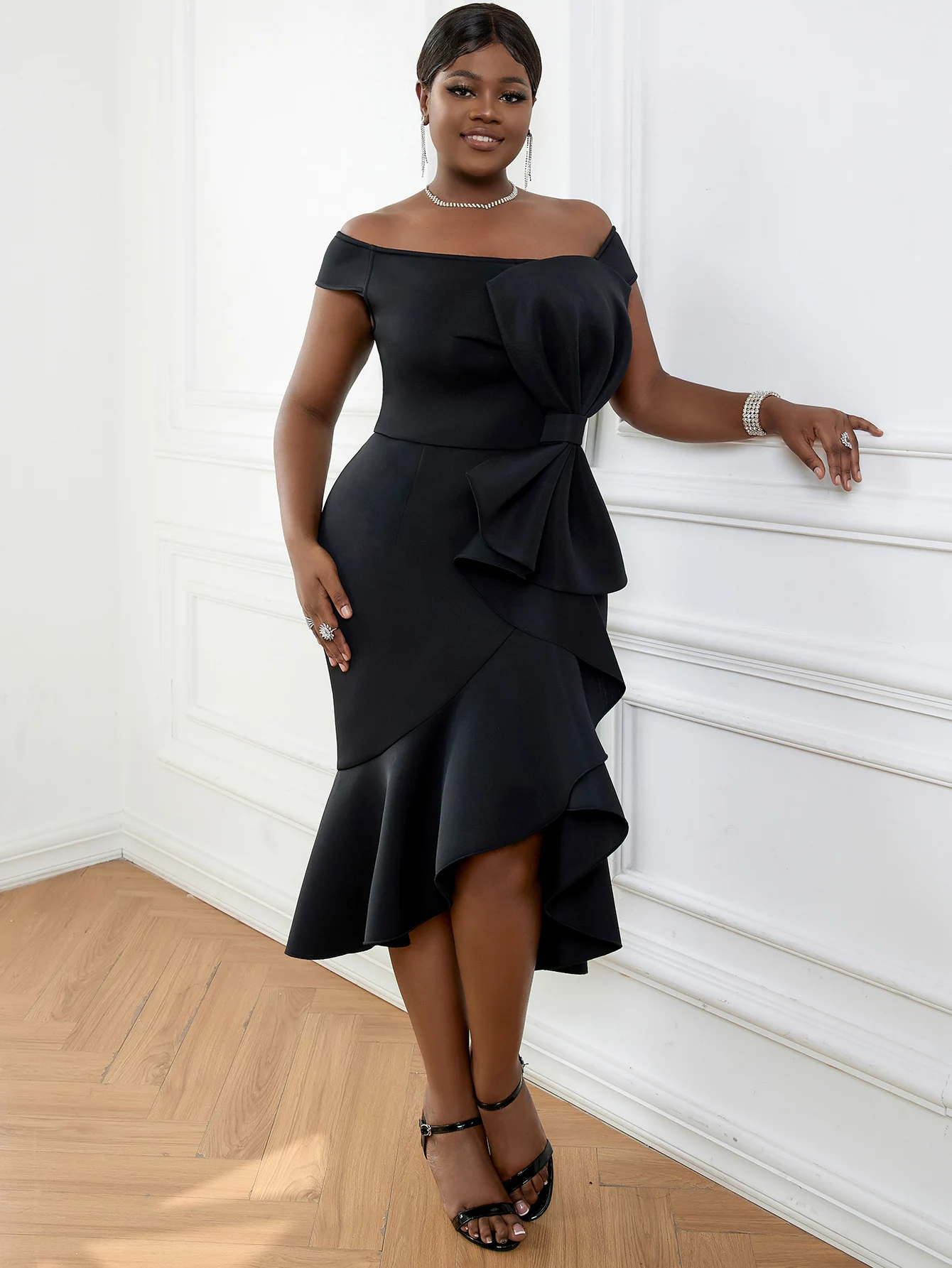 

Sexy Women Off Shoulder Black Party Dress Bodycon Ruffle Big Bow Elegant Slim African Birthday Evening Cocktail Luxury Celebrity