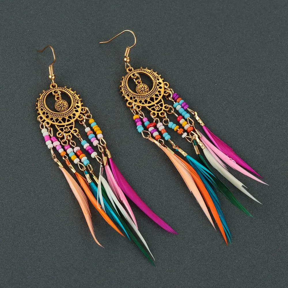 Jewelry Boho Vintage Ethnic Women Female Feather Dangle Drop Earrings Golden Silver Rainbow Beads