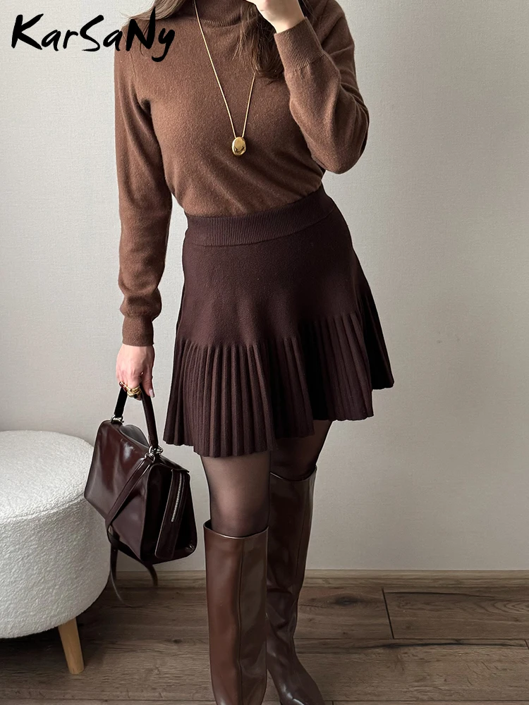 Knitted Pleated School Skirt Women Spring Winter Sexy A-line Women's Skirt Solid Casual High Waist Short Skirts For Woman Black