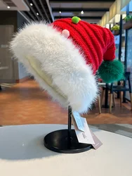 2024 Adult Thickened Fleee Lined Christmas Gift Santa Hats Knitted Slouch Beanie Warm Faux Fur Cuffed Winter Caps for Women Men