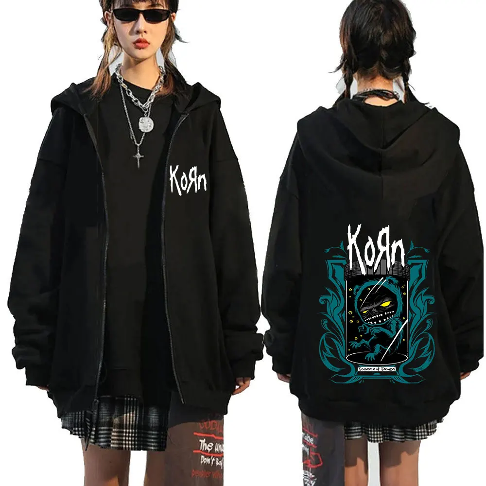 

90s Rock Band Korn Zip Up Hoodies Metal Gothic Men Women Vintage Oversized Zipper Hooded Sweatshirt Men Fashion Pullovers Jacket