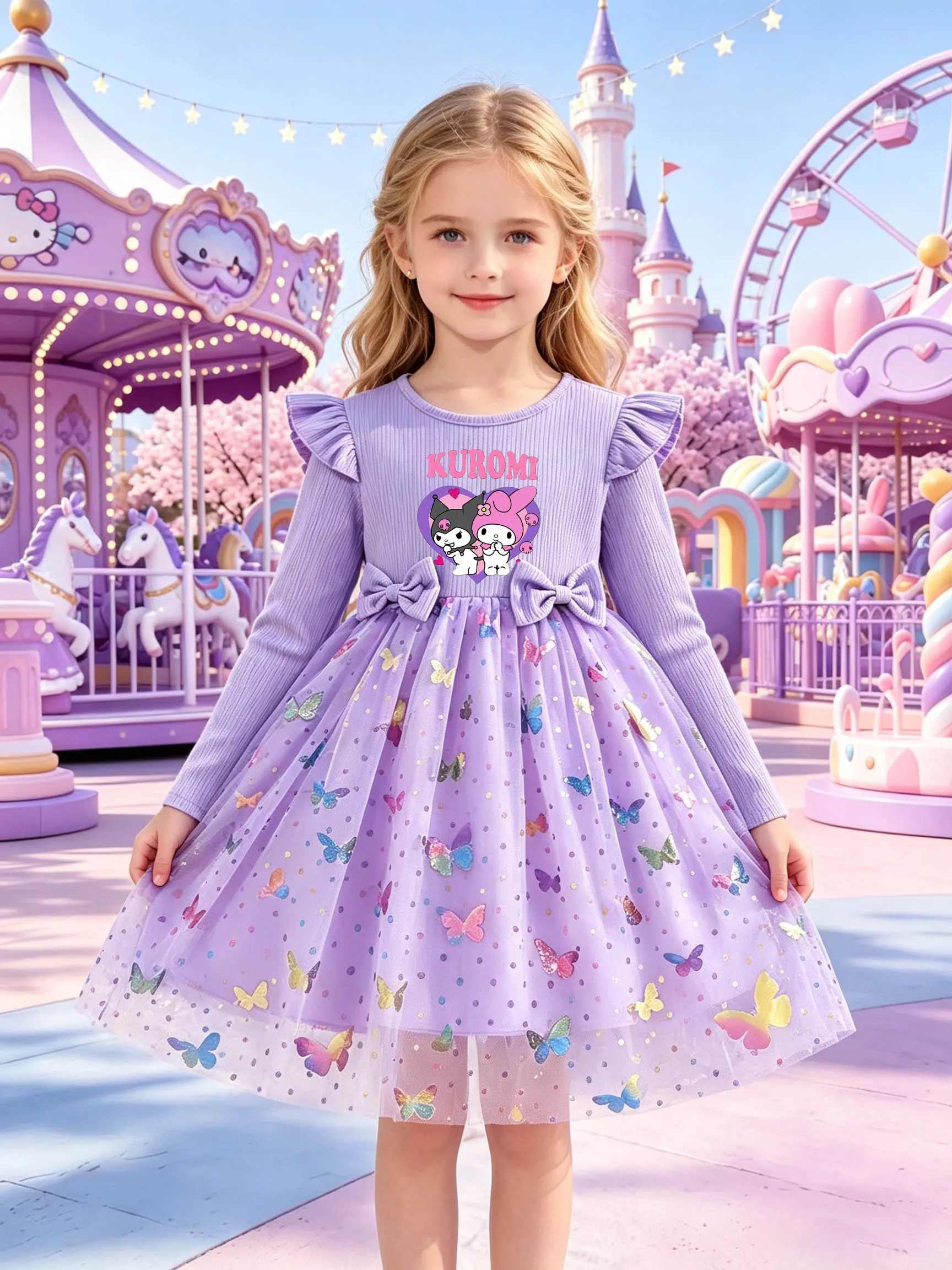 Girls' Cartoon Kuromi Print Tulle Dress, Ruffle Flutter Sleeves, Bow on Chest, Colorful Butterfly Mesh Girls' Birthday Party Gow