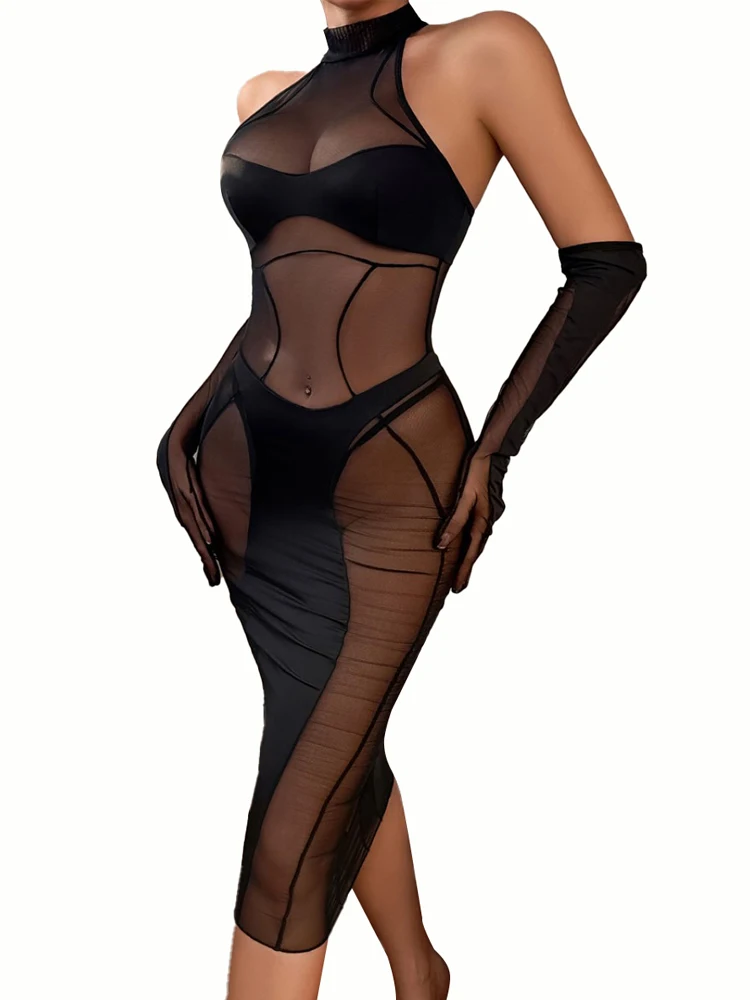 

Эротическое сетчатое длинное платье с оборками и длинными перчатками, бюстгальтер с вырезами, соблазнительное сексуальное женское платье из тюля, женские куклы