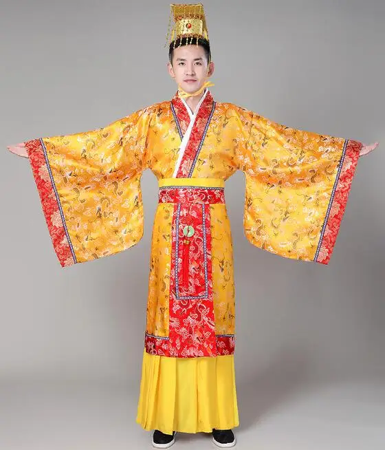 

Chinese Ancient Tang Dynasty Hanfu Emperor Dragon Robe Gold Colour Men Performance Costume Stage Suit