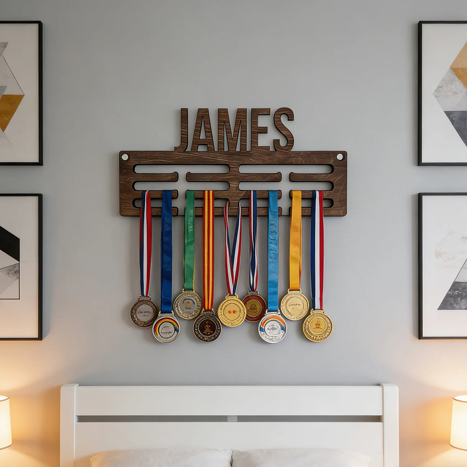 1pc Custom Modern Style Medal Decoration Frame Wooden Sports Medal Holder,Wall Mounted Display Stand for Sports Lovers Gift view 2