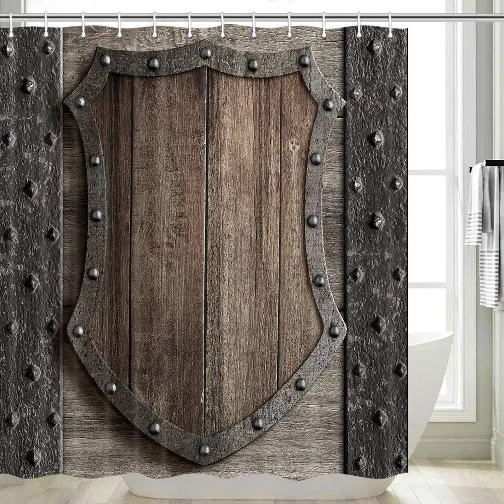 Medieval Shower Curtain,Rustic Wood Shield on Medieval Castle Gate Bath Curtain,Wooden Door Historical Vintage Home Bathroom Set