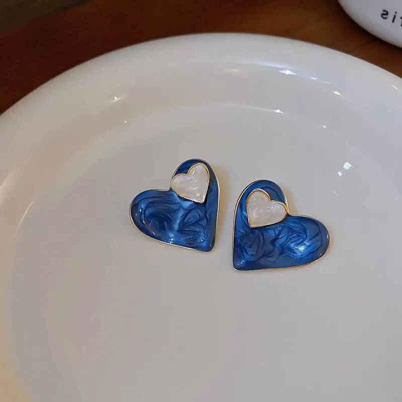 Pendientes de aguja de plata 925 para mujer, aretes con forma de corazón azul, gota de aceite, joyería de moda coreana, 2024
