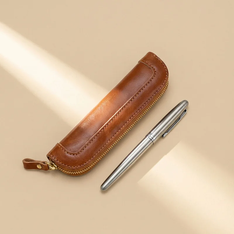 Minimalist Genuine Leather Pen Storage Pouch, Vintage Cowhide Zipper Pen Bag for Office School Stationery Carry