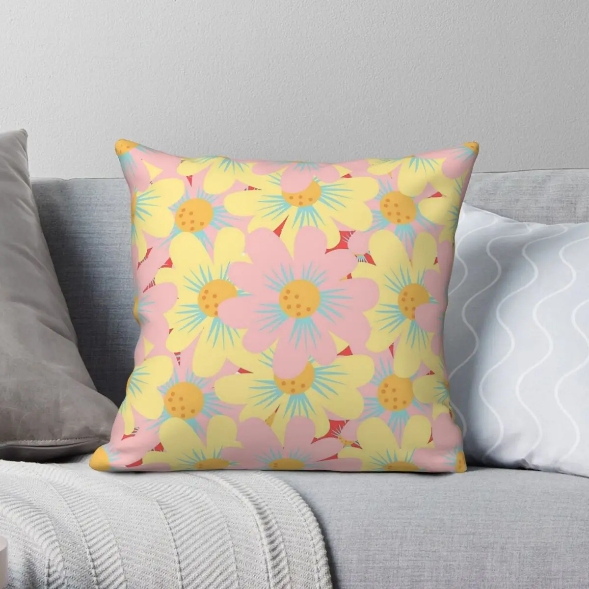 Colorful Spring Summer Daisy Square Pillowcase Polyester Linen Velvet Pattern Decorative Throw Pillow Case Bed Cushion Cover 18