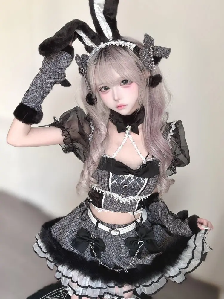 Gothic Harajuku Dark Puff Sleeve 2 Piece Set Women Subculture Bow Lace Crop Tops + Mini Skirt Y2k Hot Girl Party Lolita Outfits