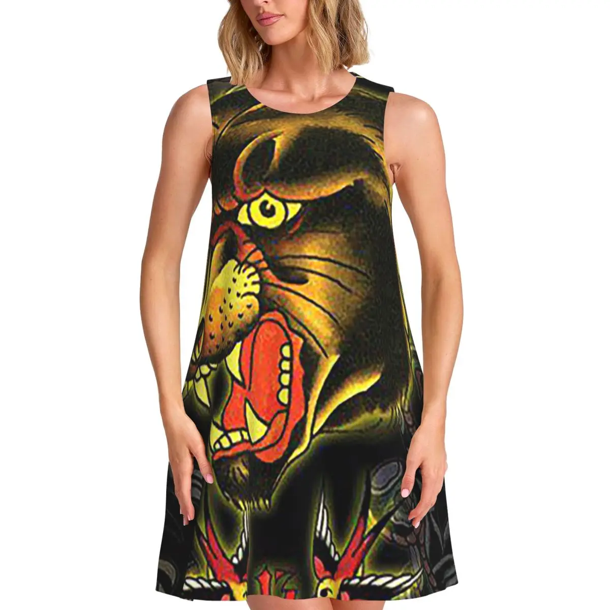 Ed-hardy Tattoo Tiger Skull Vestido de verano de manga corta para mujer, informal, sin mangas, con cuello redondo, vestidos sueltos para fin de semana y vacaciones