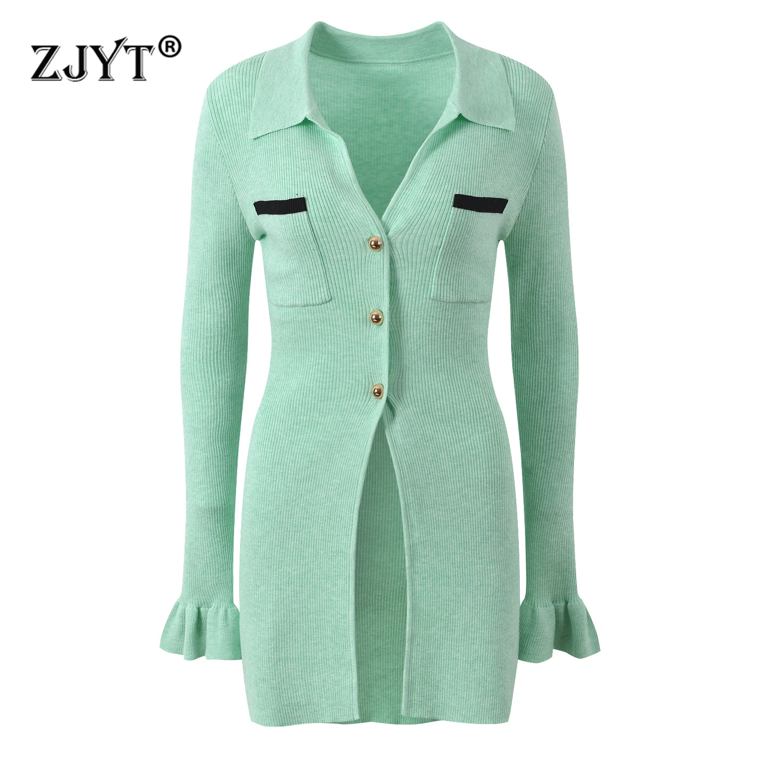 

ZJYT Autumn 2025 Flare Sleeve Long Knitted Cardigans Women Turn Down Collar Green Sweater Tops Knitwears Jersey Mujer Casual