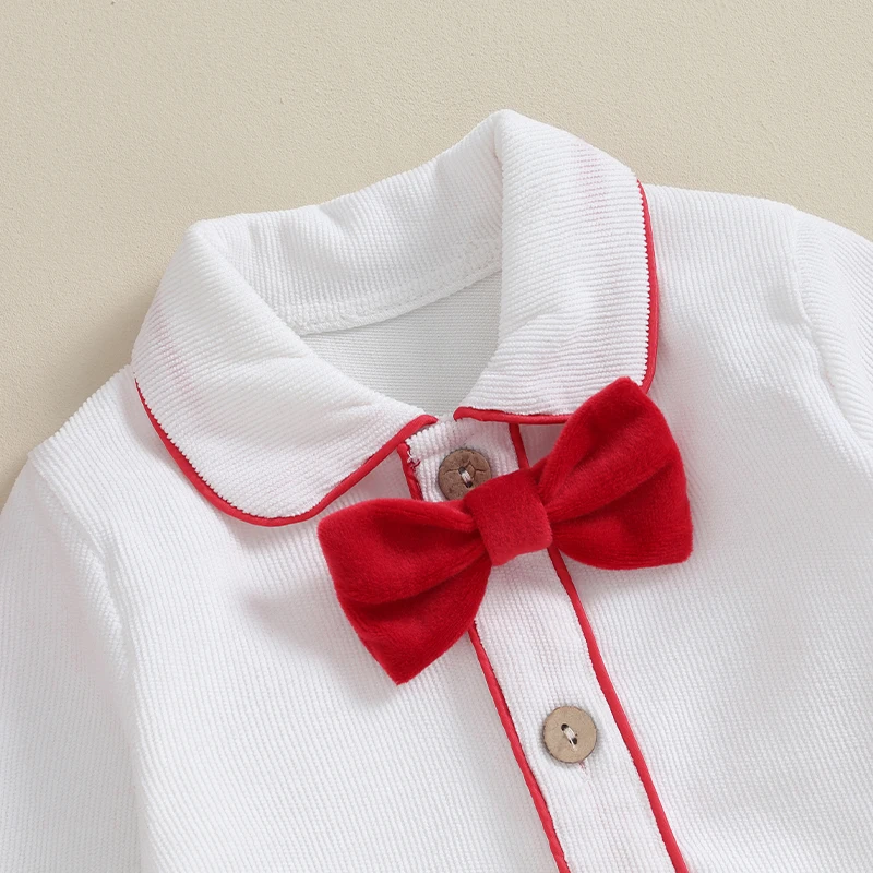 Suefunskry Toddler Boy Christmas Set Long Sleeve Button Bow Tie Gentleman Shirt+Solid Color Suspender Shorts Santa Claus Outfits