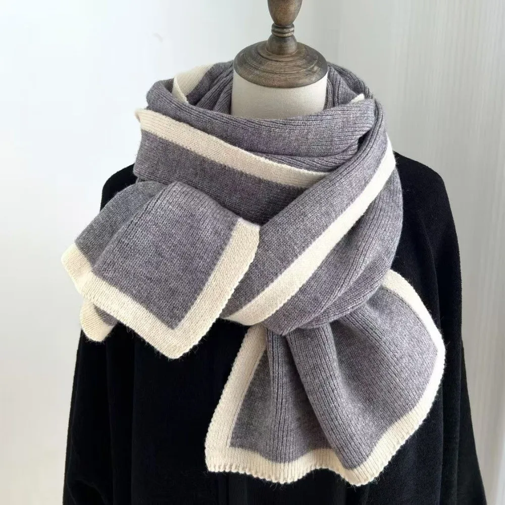 Solid Color Winter Knit Scarf Warm Soft Material Contrast Edge Neck Warmer Double-Sided Design Casual Style Versatile Scarf