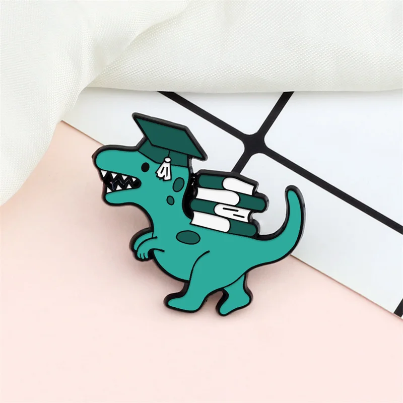 Funny Animal Enamel Pin Trendy Tyrannosaurus Learning Reading Books Dinosaur Brooches Men Women Cartoon Lapel Pins Badge Jewelry