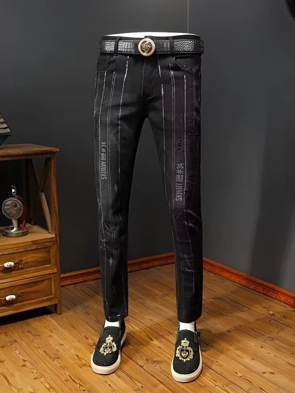 

Faionable Embroidered Stripe Jeans Men's Casual Bla Versatile Spring Slim Fit Comfortable Long Pants Street Sle Cotton ...