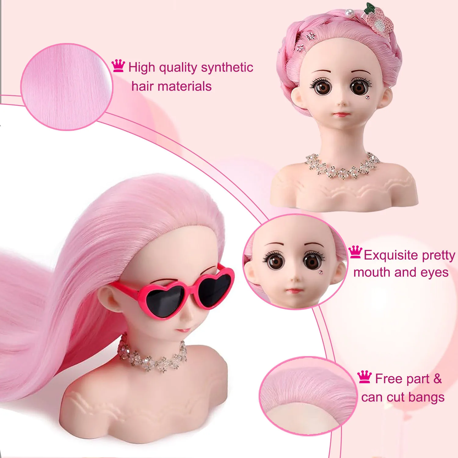 Styling Doll Head for Girls, manequim com cabelo rosa, cabelo trançado para crianças