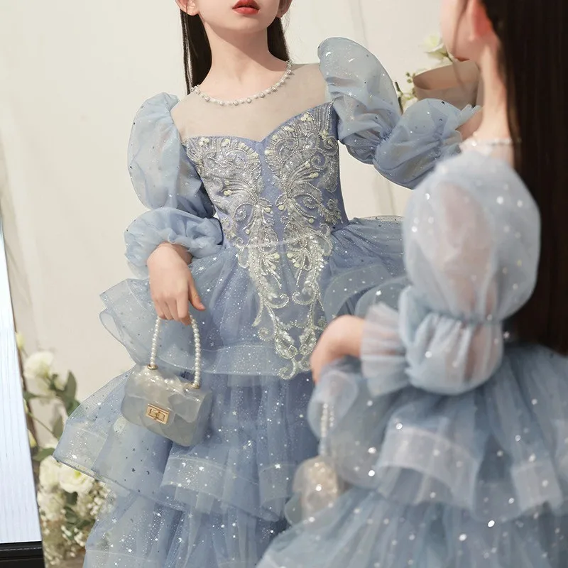 Children's evening dress, blue princess dress for girls small hostess light luxury long sleeves show dress for girls