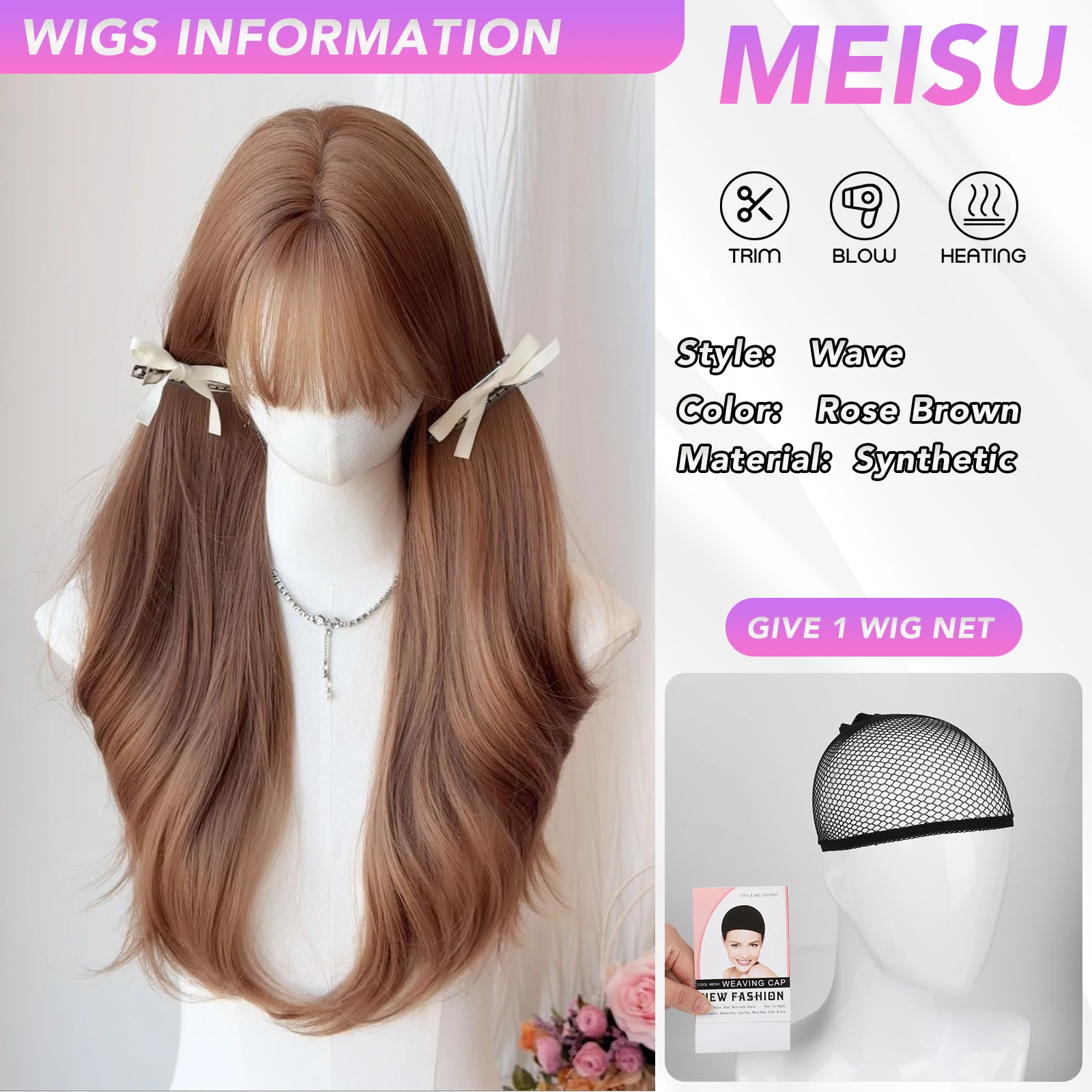 MEISU 26 Inch Long Wave Bangs Wig Rose Brown Fiber Synthetic Heat-resistant Soft Wave Hair Sweet And Natural Party or Selfie