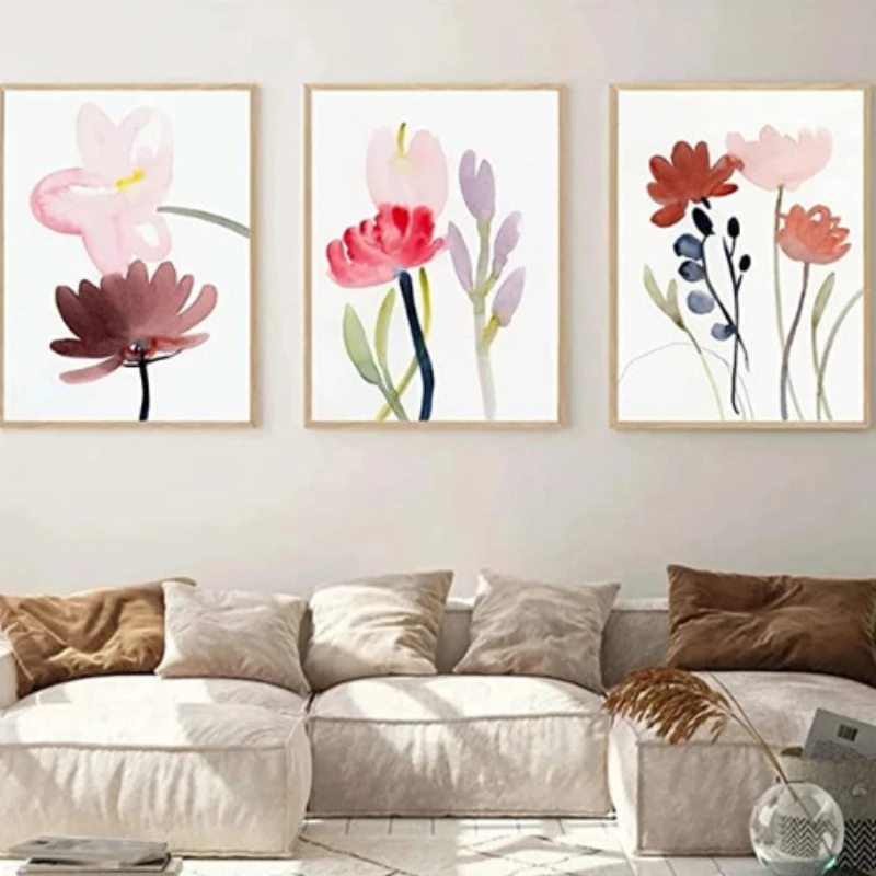 Small fresh watercolor pink flowers Nordic modern living room bedroom poster canvas decorative painting core