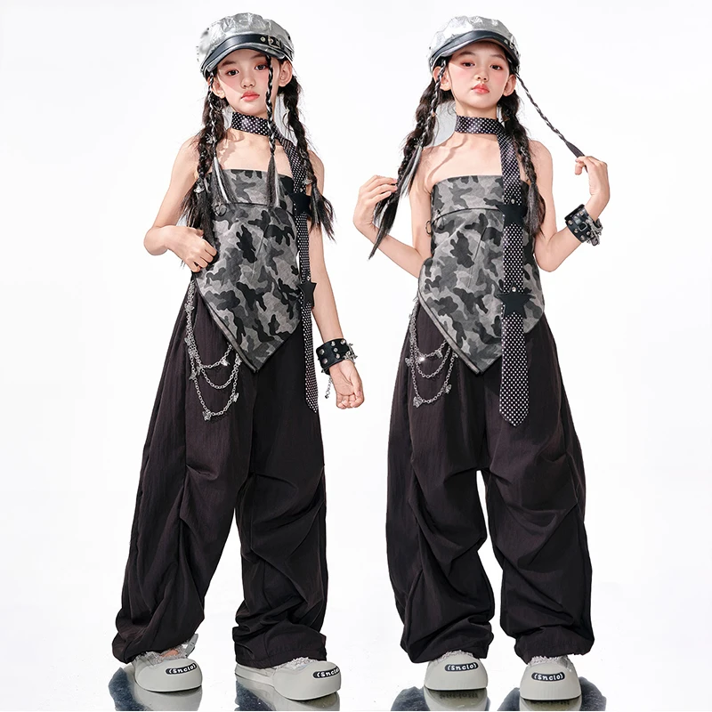 Costume da ballo jazz per ragazze Set hip-hop Camouflage Crop Top Pantaloni larghi neri Bambini Street Dance Abiti da performance hip-hop AMY2194