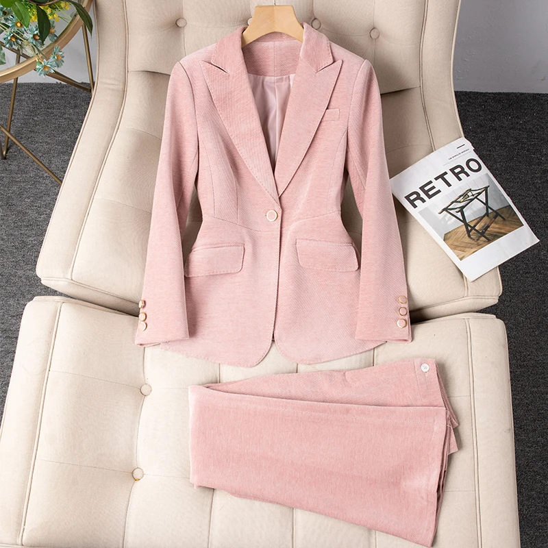 Элегантный осенне-зимний толстый вельветовый комплект из брюк для женщин, комплект из 2 предметов, одинаковые комплекты, винтажный пиджак на одной пуговице, брючные костюмы