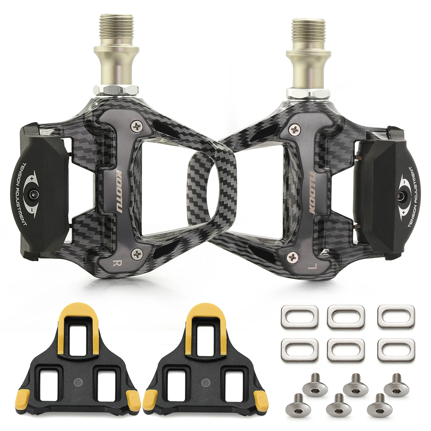 KOOTU Carbon Fiber Pattern Clip-On Pedals Aluminum for Road Bikes KEO and SPD System Locking Pedals Non-Locking Pedals