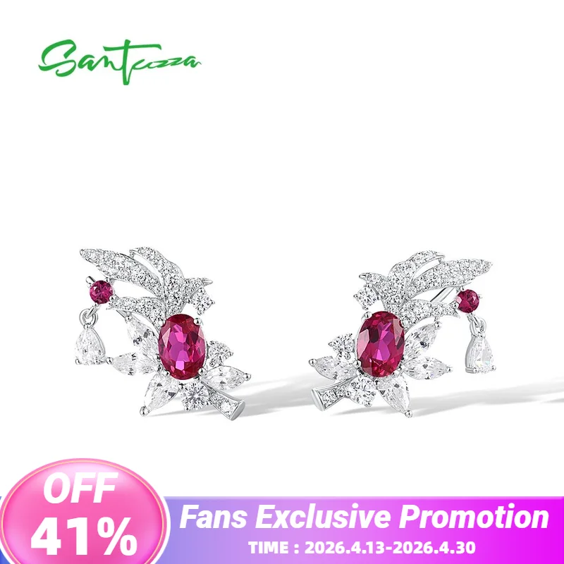 

SANTUZZA Authentic 925 Sterling Silver Earrings Climber For Women Sparkling Created Ruby White CZ Pierce Elegant Fine Jewelry