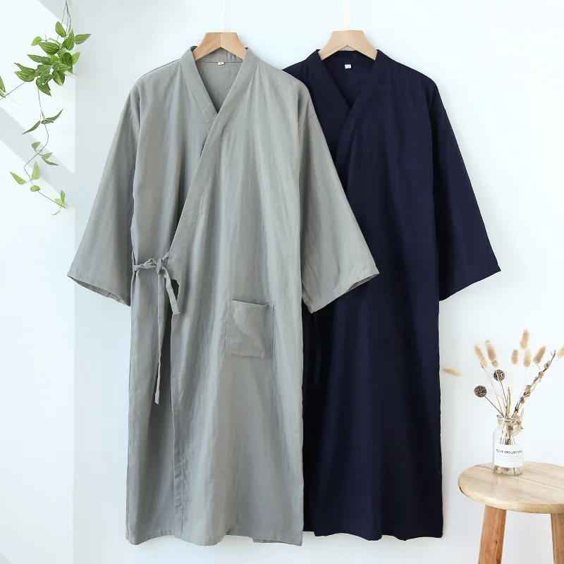 

Japanese Kimono Nightgown Men's Light Breathable Summer Spring and Autumn Men's Long Kimono Nightgown Loose Japanese Bathrobe