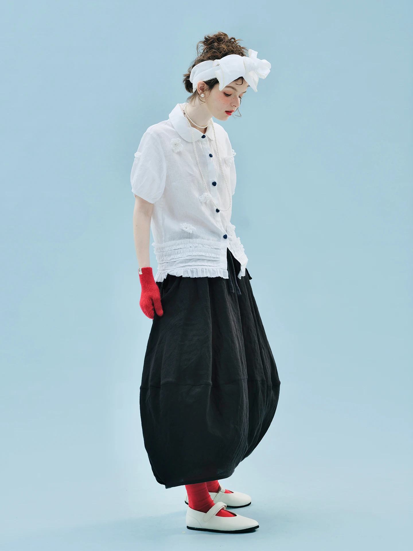 

imakokoni Original Summer Japanese Linen Bud Skirt Women's Black Drawstring Elastic Waist Casual Mid length Dress 265491