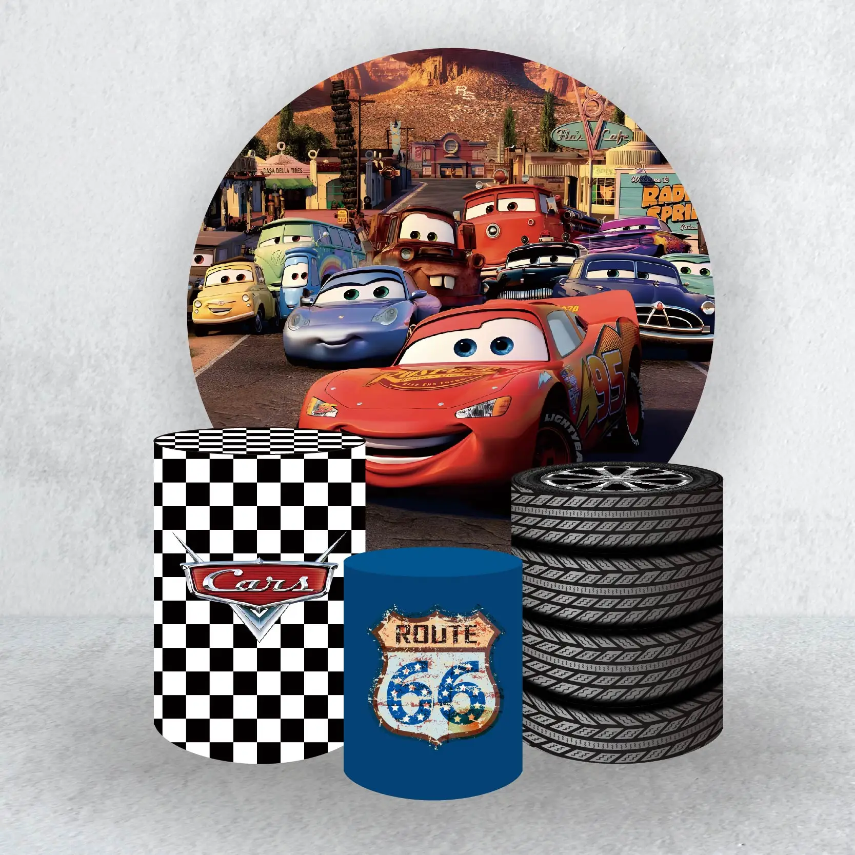 Disney Cars Theme Elastic Round Circle Backdrop Cover and Cylindrical Column Covers for Kid‘s Birthday Party Background Supplies