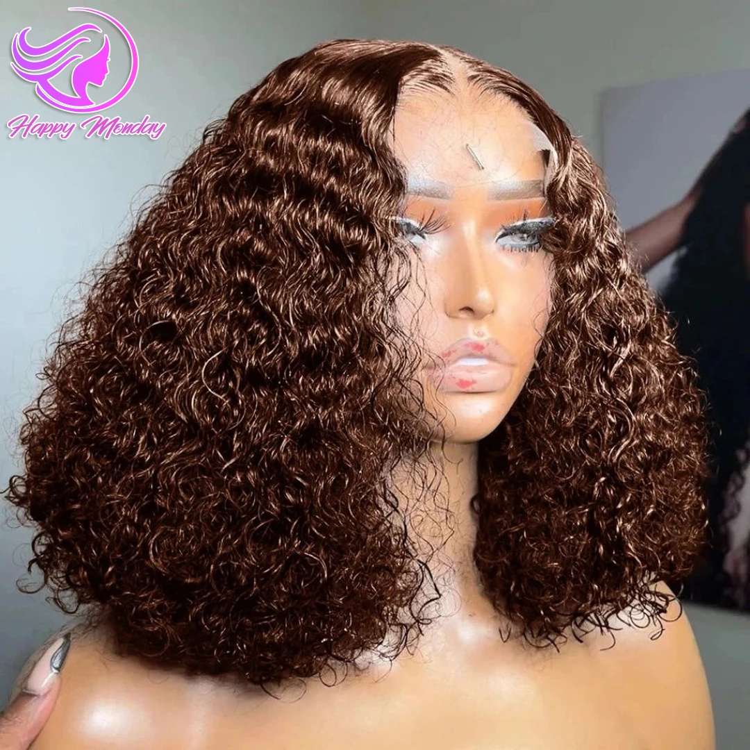 13X4 Deep Wave Bob Wig Human Hair #4 Honey Brown HD Lace Frontal Wigs Natural Hairline Pre Plucked Transparent Lace Front Human Hair Wigs 250% Density Water Wave Short Bob Wigs For Women