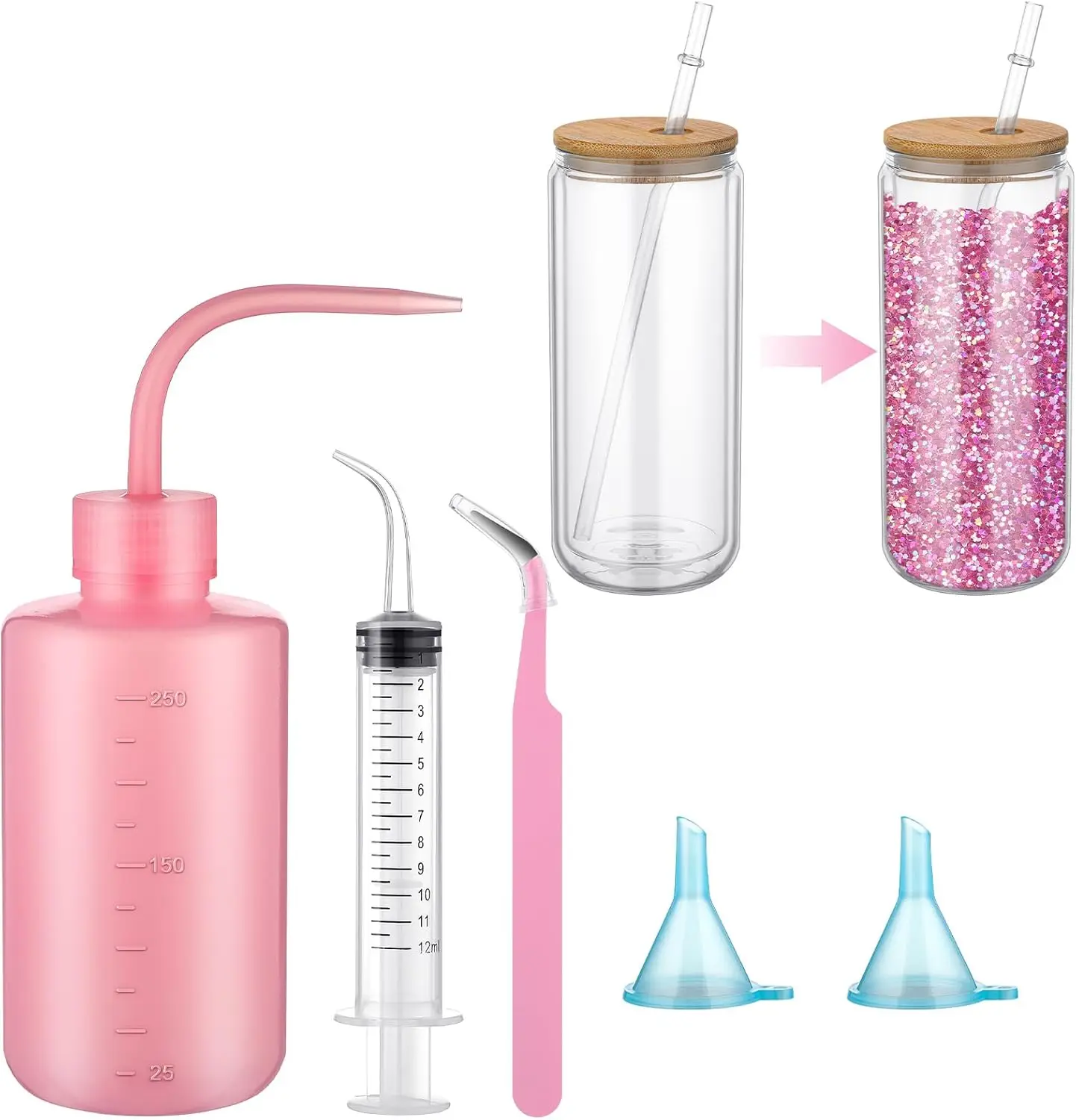 Glitter Snow Globe DIY kit, Contains Plastic Squeeze Bottle Small Funnel Tweezers Bent Syringe for Cup Making Supplies
