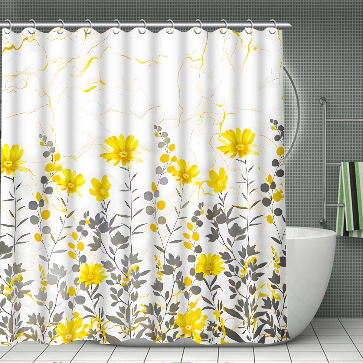 1/4 piece flower simple pattern waterproof shower curtain or waterproof anti-slip shower curtain set, 12 free hooks