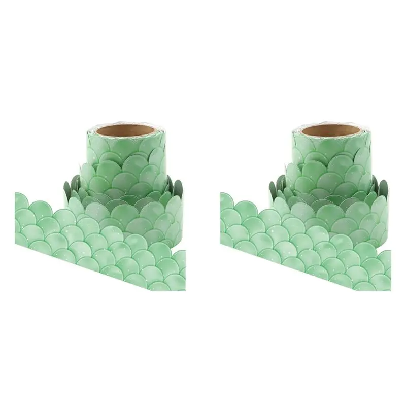 A74E-2Pcs 20M Ombre Green Scallops Bulletin Board Borders Rainbow Straight Borders Classroom Or Home School Decoration