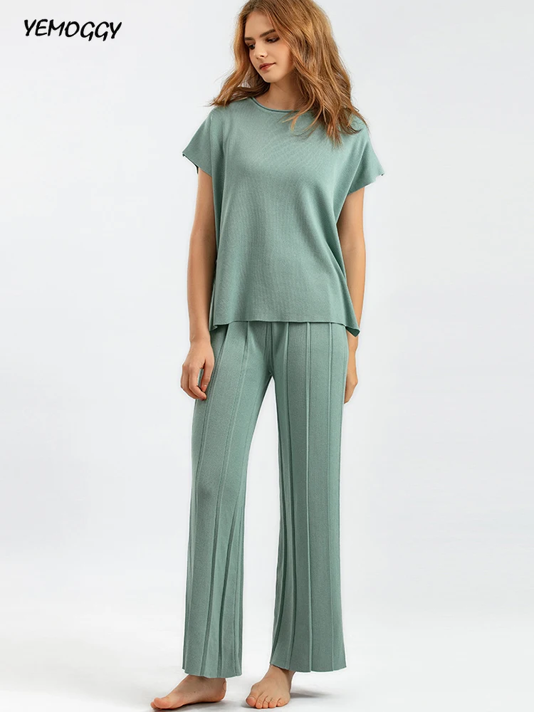 

Elegant Pants Sets Summer New Fashion Solid Color Sleeveless Vest Knitted Sweater Tops Wide-leg Pants Suit Women 2-piece Sets