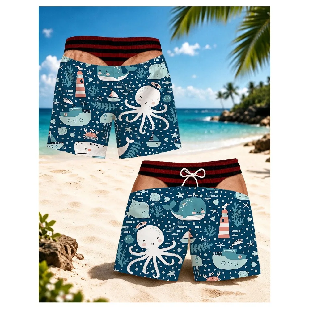 Men Funny Optical Illusion Swim Trunks Striped Fake Underwear Boardshorts Cartoon Octopus Whale Beach Shorts