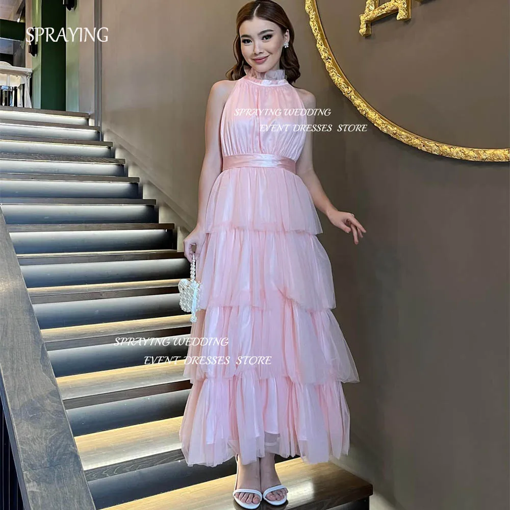 

SPRAYING Exquisite O-Neck A-line Pink Prom Dress Tulle Tiered Pleat Party Dress Ankle-Length Long 2024 Special Event Dresses