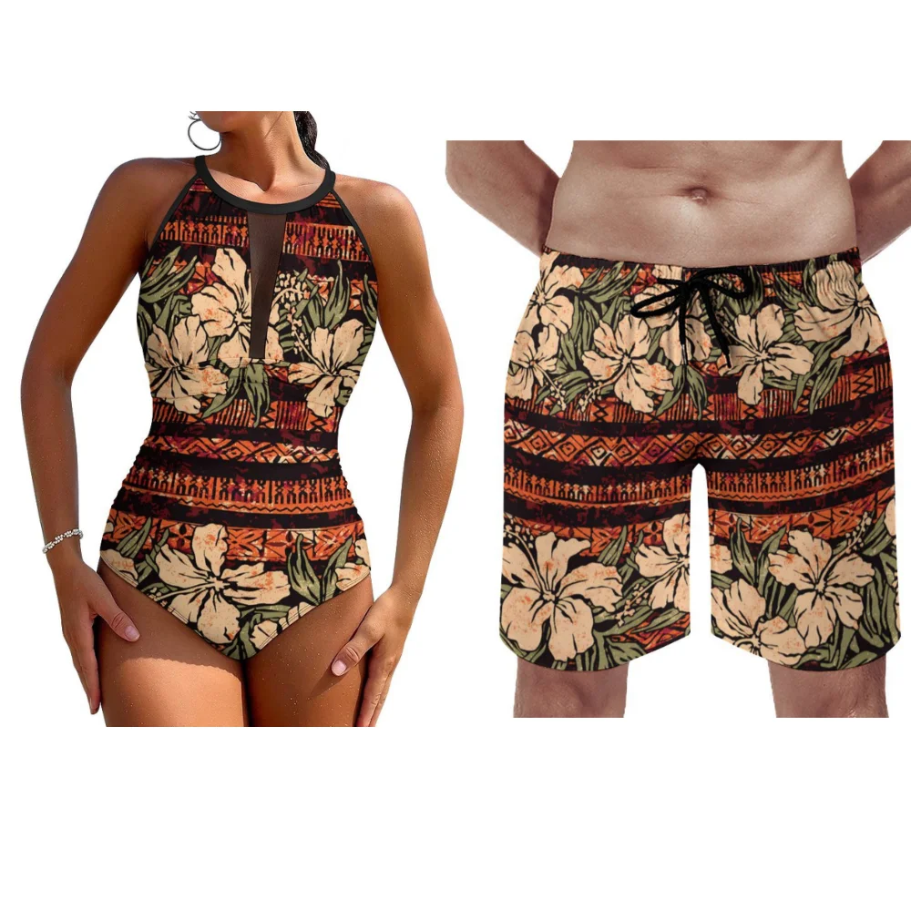 Einteiliger Sommer Strand Push-up Badeanzug benutzer definierte polynesische Blumen druck Strand Surf-Set für Männer und Frauen Paare