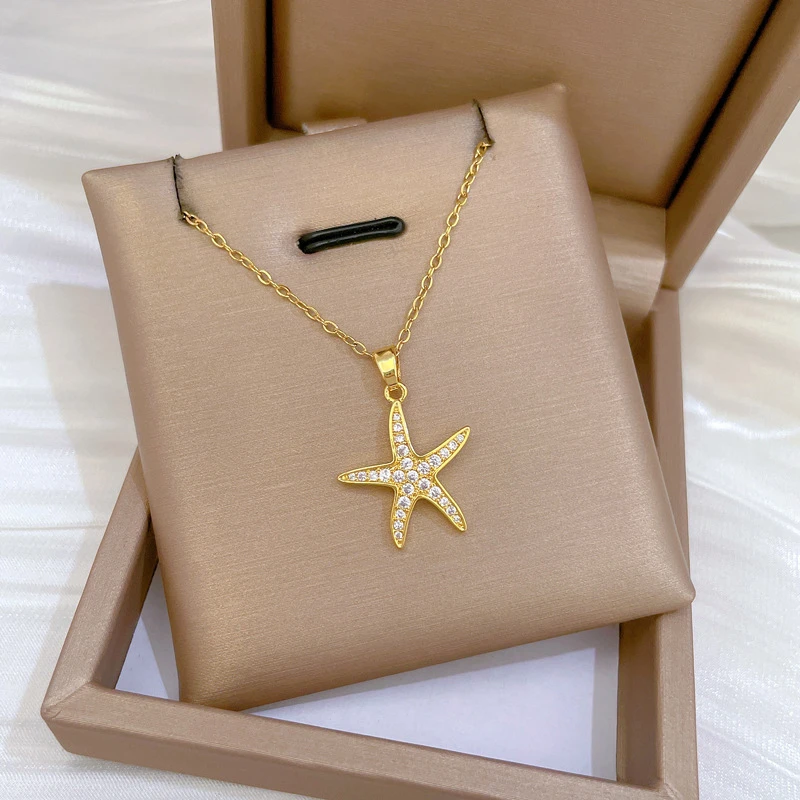 Fashion Simple Marine Life Starfish Zircon Pendant Necklaces for Women Stainless Steel Jewelry Accessories Gifts for Lover