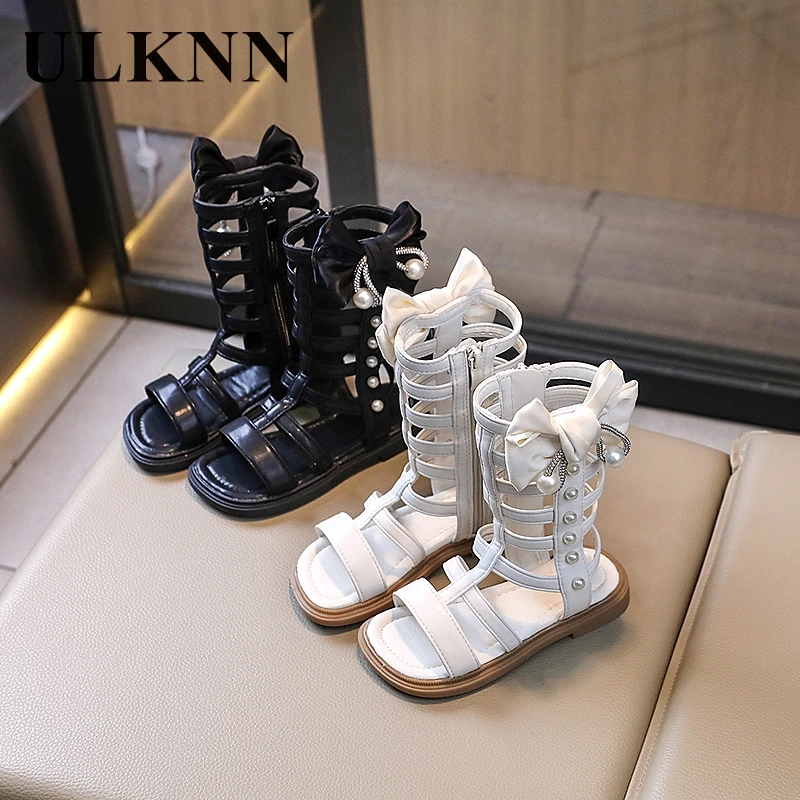 

Girls sandalias nias aos summer fashion pearl high tube Roman shoes 2024 summer new children's open-toed princess shoes