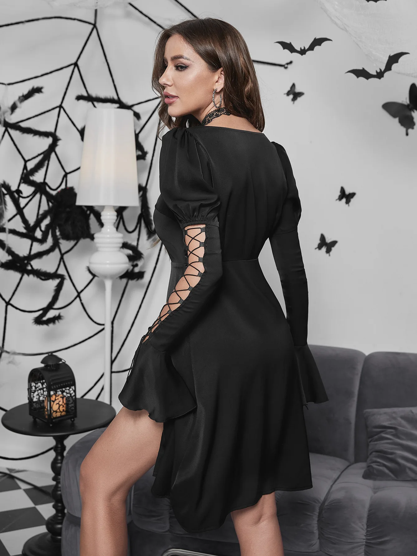 Dark Goth Wind Lantern Hollow Rope Flared Sleeve Cardigan Dress