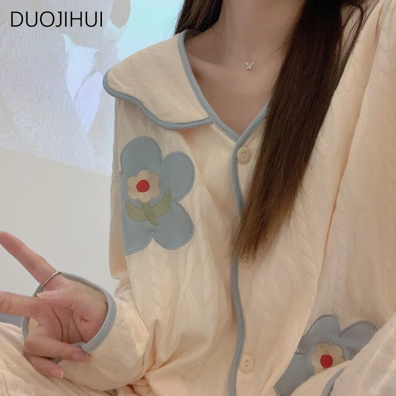 DUOJIHUI Two Piece Autumn Loose Casual Home Pajamas for Women Chic Button Cardigan Basic Pant Simple Fashion Female Pajamas Set